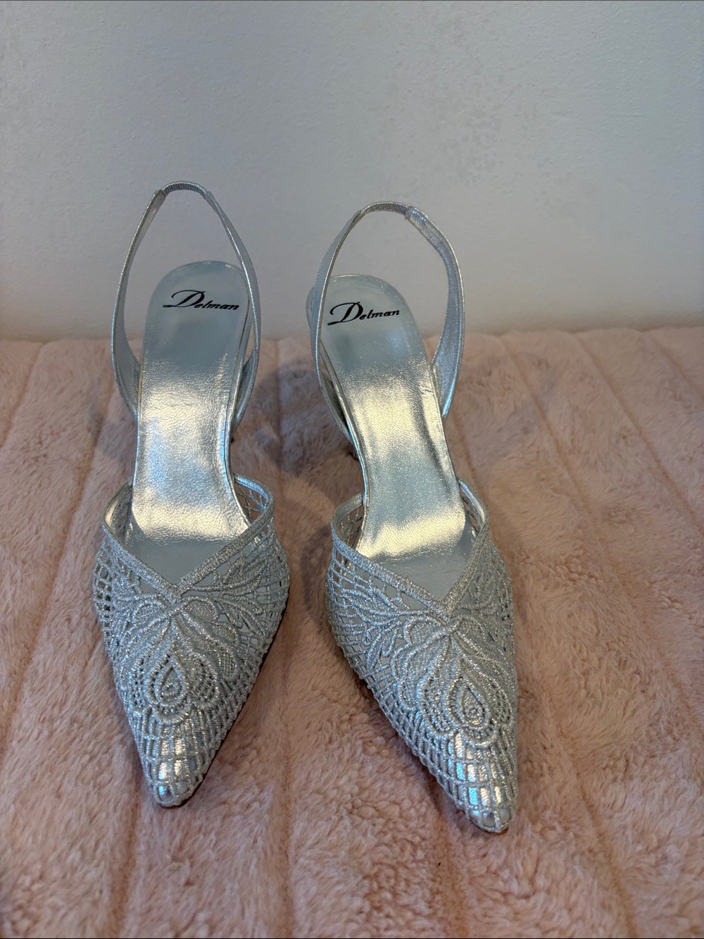 Delman Silver Lace Slingback Pointed Toe Pumps
